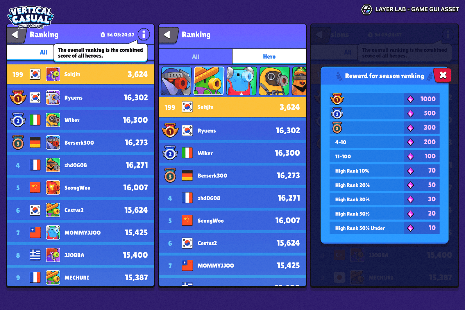 Vertical casual game interface GUI by LAYERLAB with colorful assets and PSD customization for professional vertical game design.