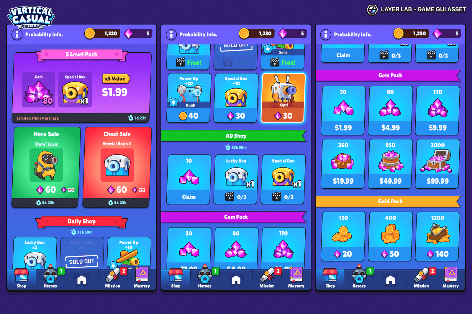 Vertical casual game interface in PSD format by LAYERLAB, featuring vibrant, user-friendly design for portrait gameplay scenes.