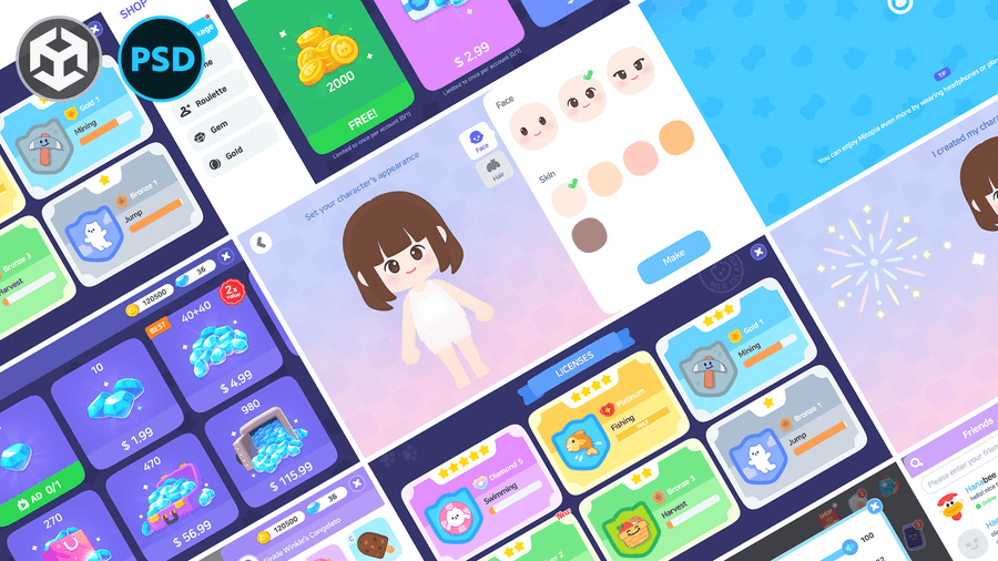 Colorful 2D life simulation game UI showing character customization, shop, and license cards for casual avatar-style mobile games, bright pastel interface, Layerlab, store.layerlab
