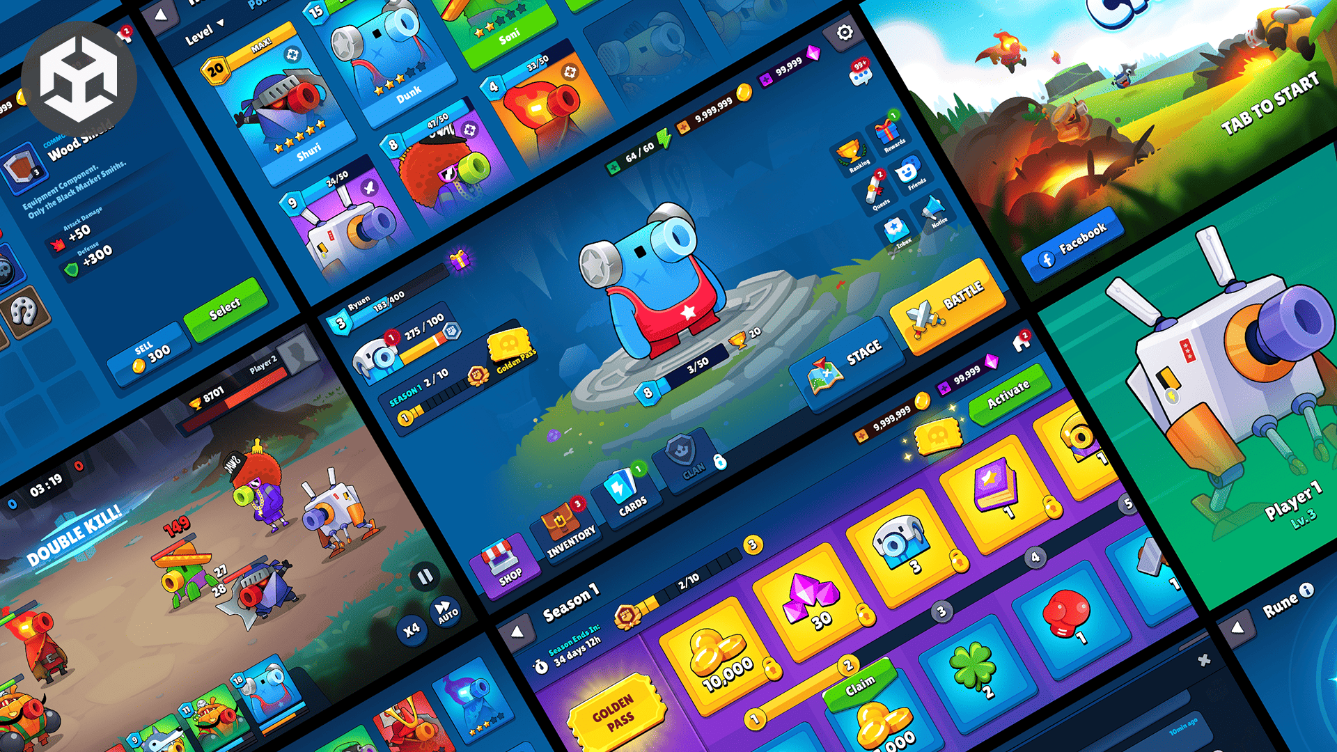 Colorful interface of the GUI Pro casual game kit showcasing gameplay elements and character customization options.