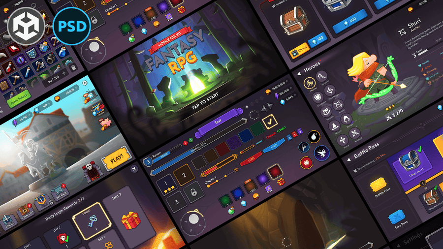 Fantasy RPG Mobile Game GUI Kit UI Screens including character selection, inventory, battle pass, and main menu layouts for Unity and Unreal game development, Layerlab, store.layerlab