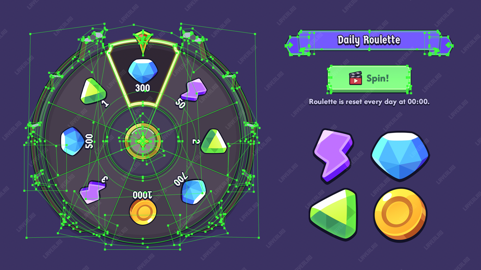 Daily roulette game UI – lucky spin wheel with prizes and reward popup design
