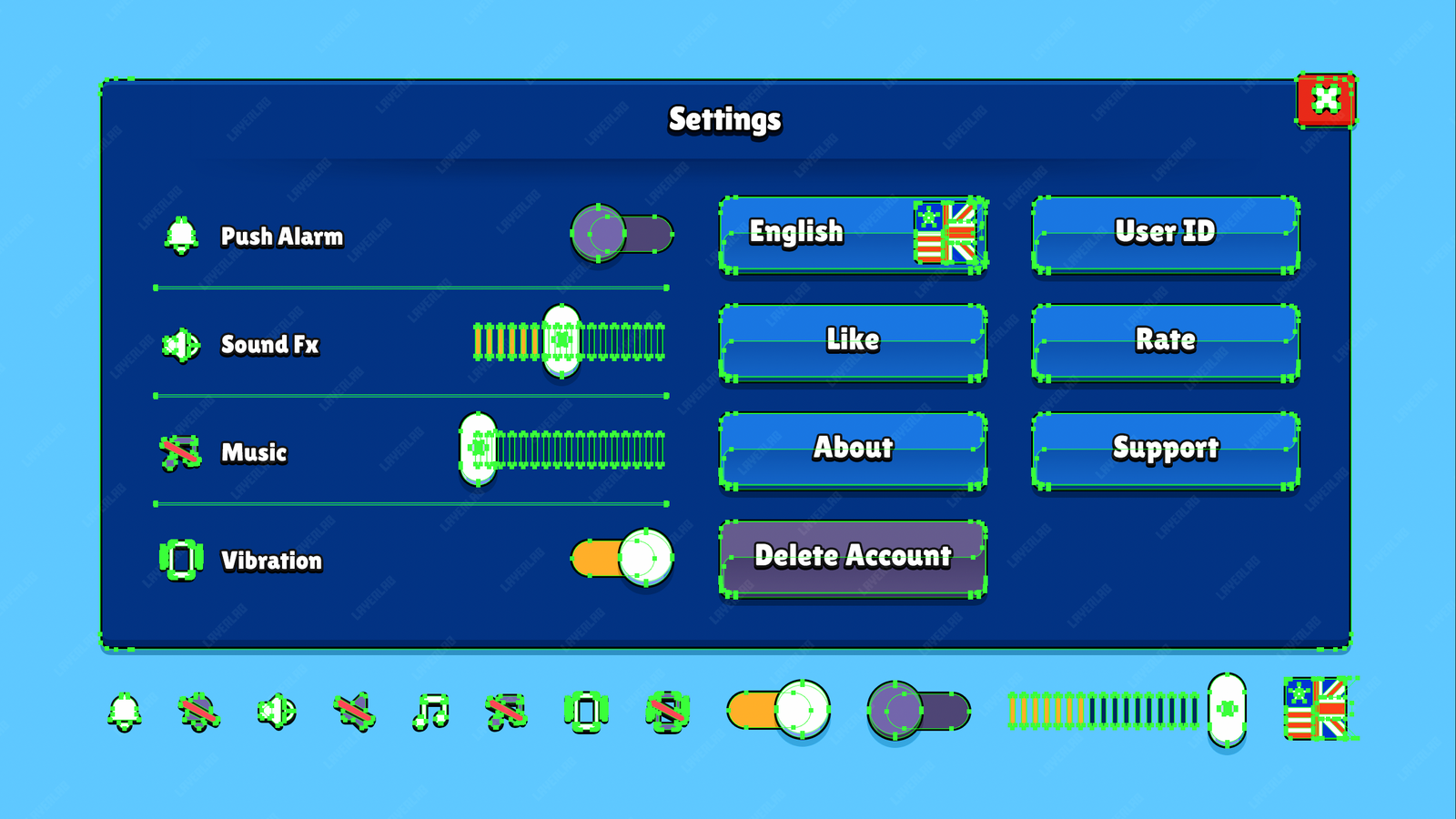 Game settings UI components – volume sliders, toggle switches and menu layout template