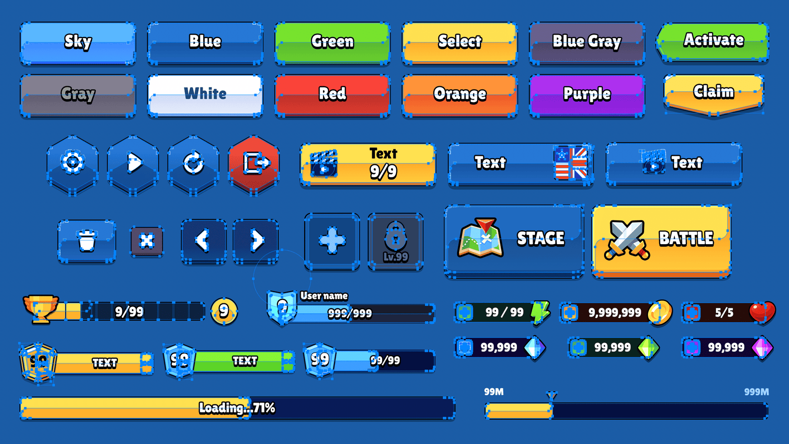 Vector image of game button and UI elements in PSD format, featuring various interface components for game design.