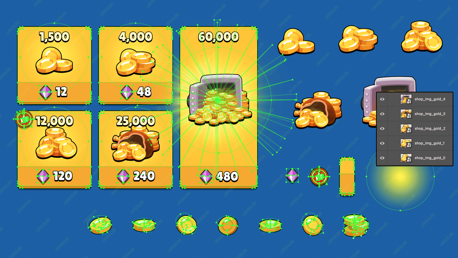Gold shop UI design – coin bundles and purchase options for game currency stores