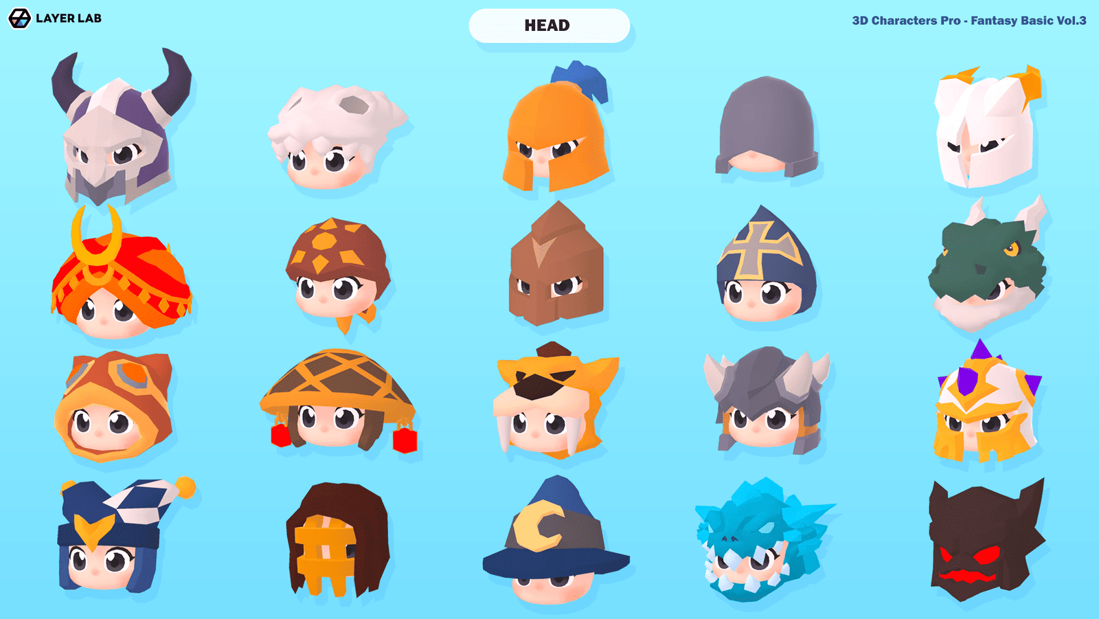 3D hero character head model from LAYERLAB's Hero Core Vol.3 collection, featuring detailed facial features and stylized design.