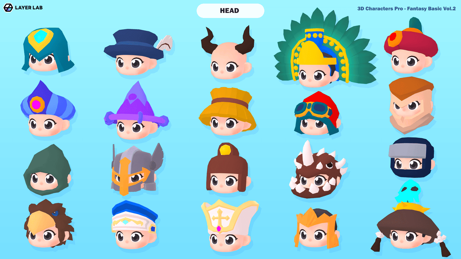 3D hero character head model from LAYERLAB's Hero Core Vol.2 collection, detailed and stylized for digital art projects.
