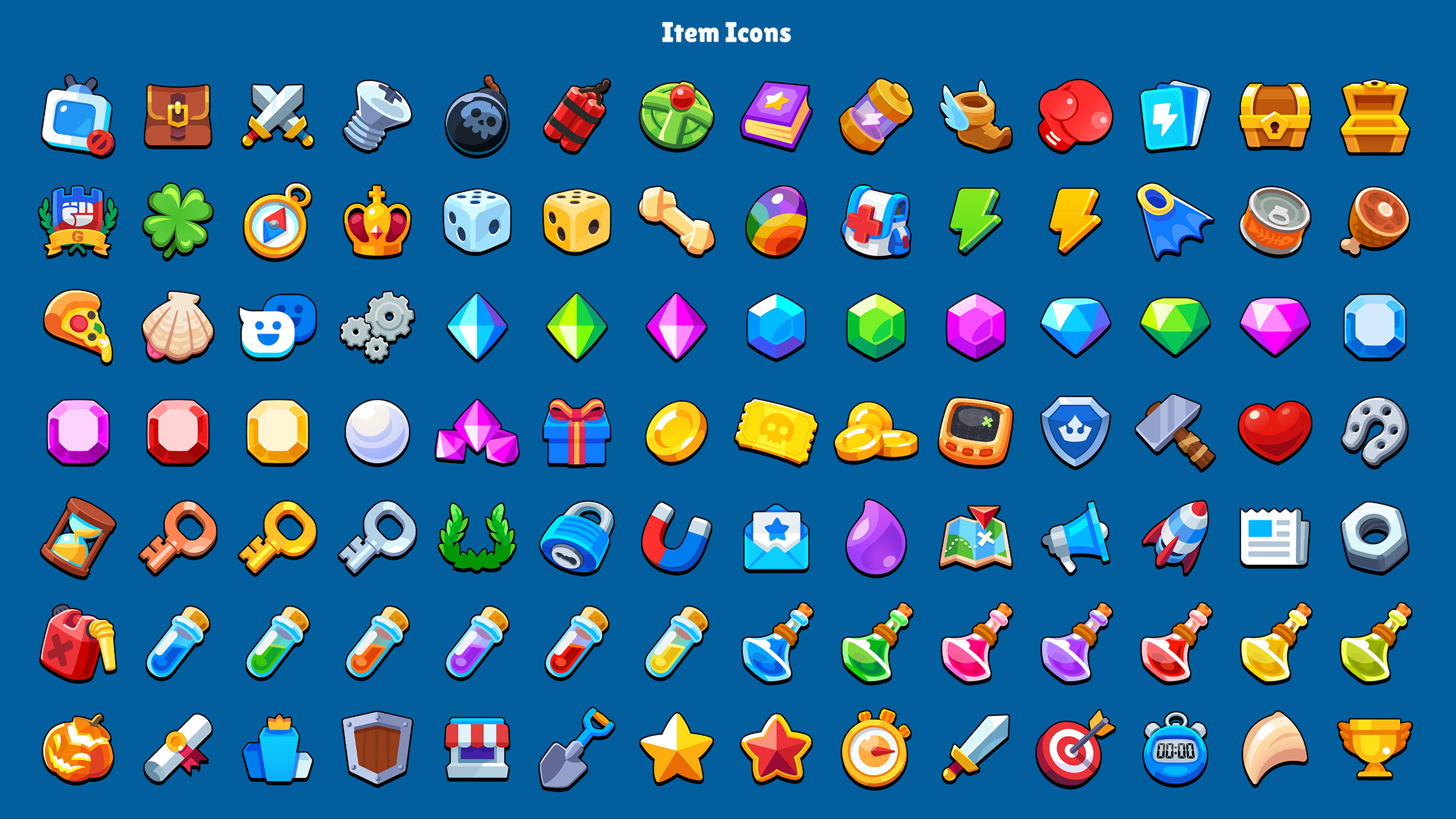 Colorful item icons for casual game GUI kit featuring various shapes and designs.