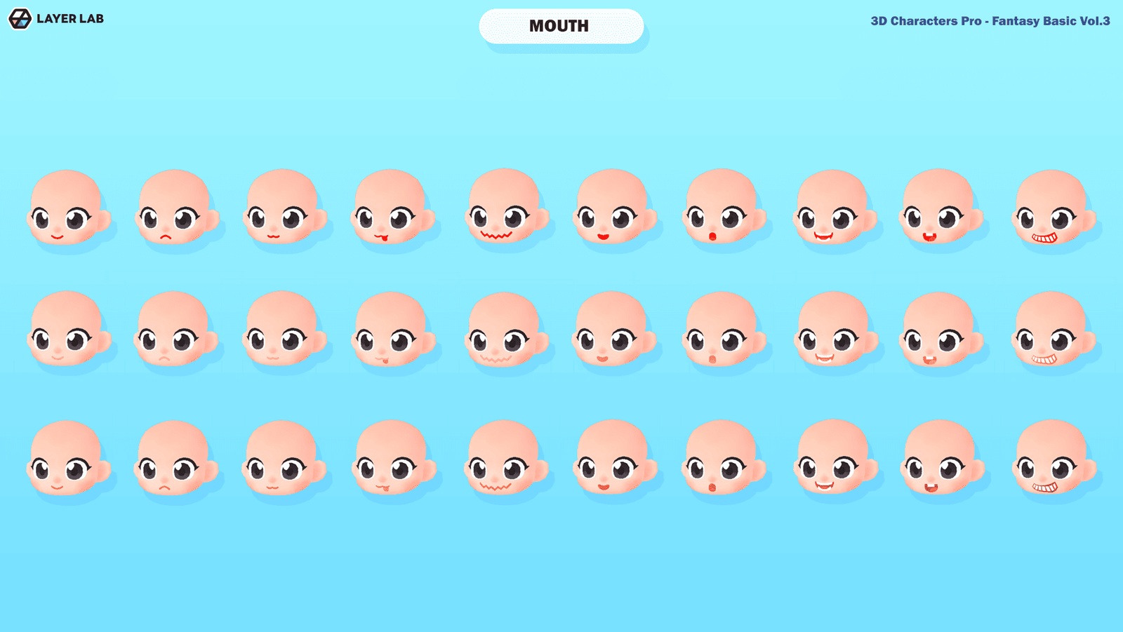 3D hero character from LAYERLAB's Hero Core Vol.3 collection featuring detailed facial features and vibrant design elements.