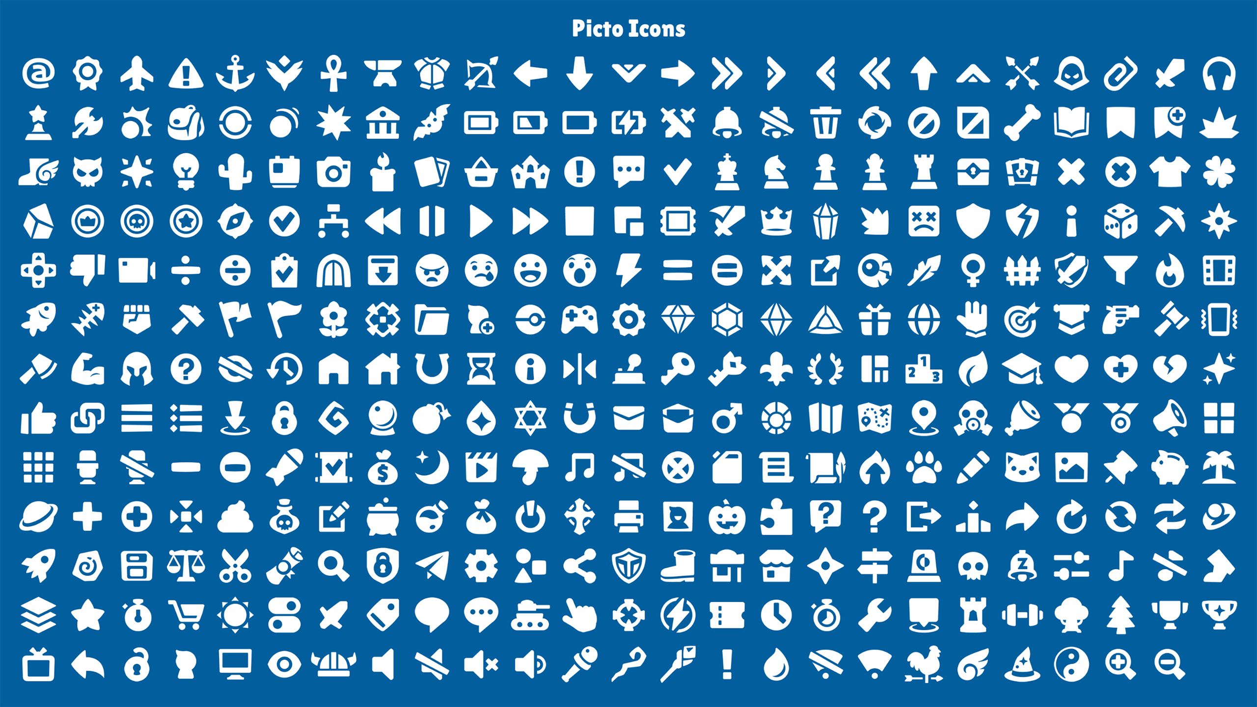 Collection of white picto icons on blue background, showcasing various symbols for casual game GUI kit.