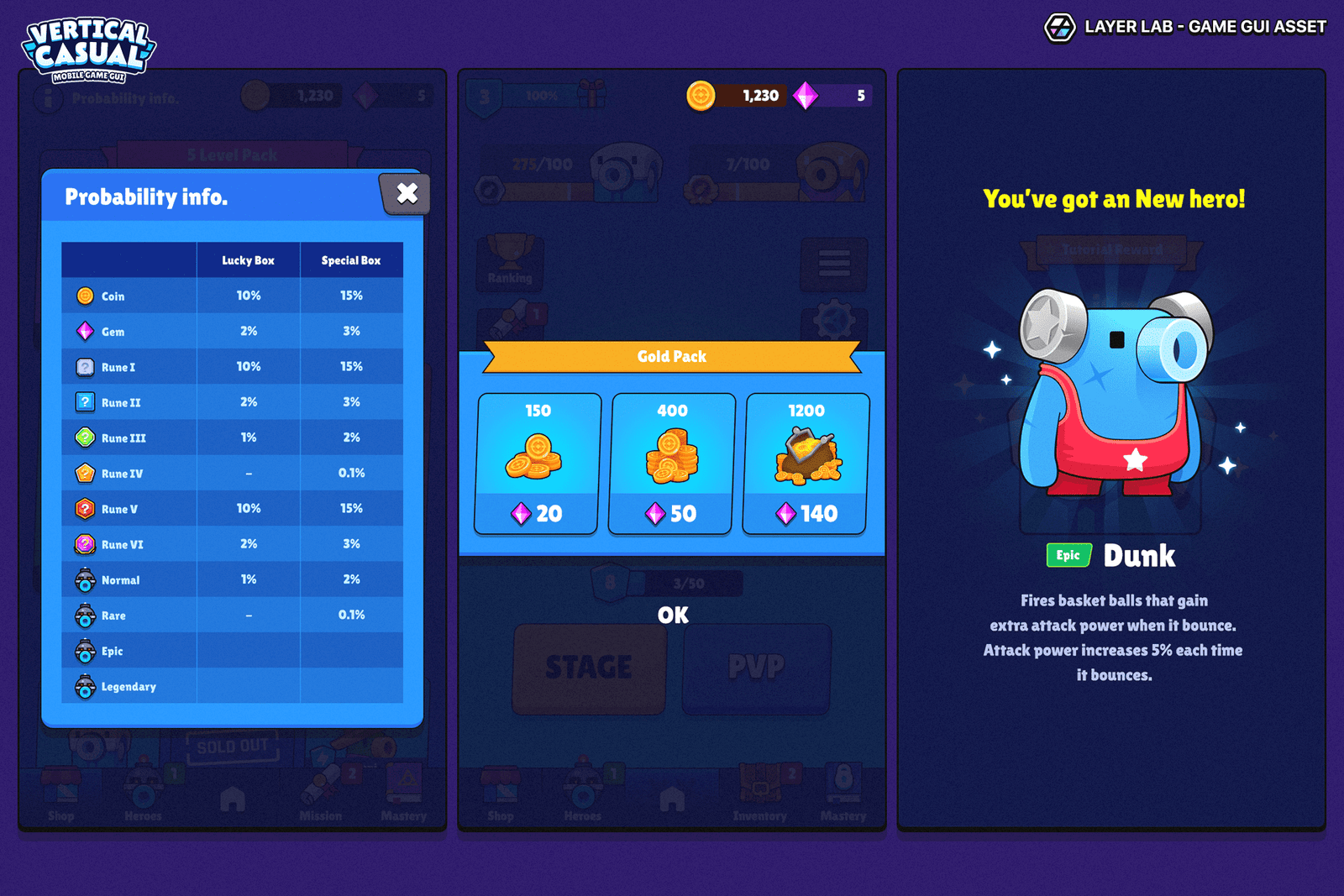 Vertical casual UI kit by LAYERLAB featuring buttons, panels, and HUD layouts for interface design in PSD format.