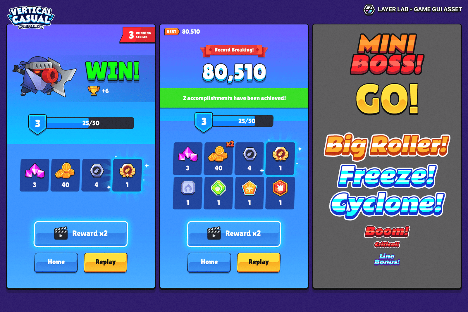 Vertical casual mobile game UI by LAYERLAB with vibrant colors and intuitive layout in PSD format.