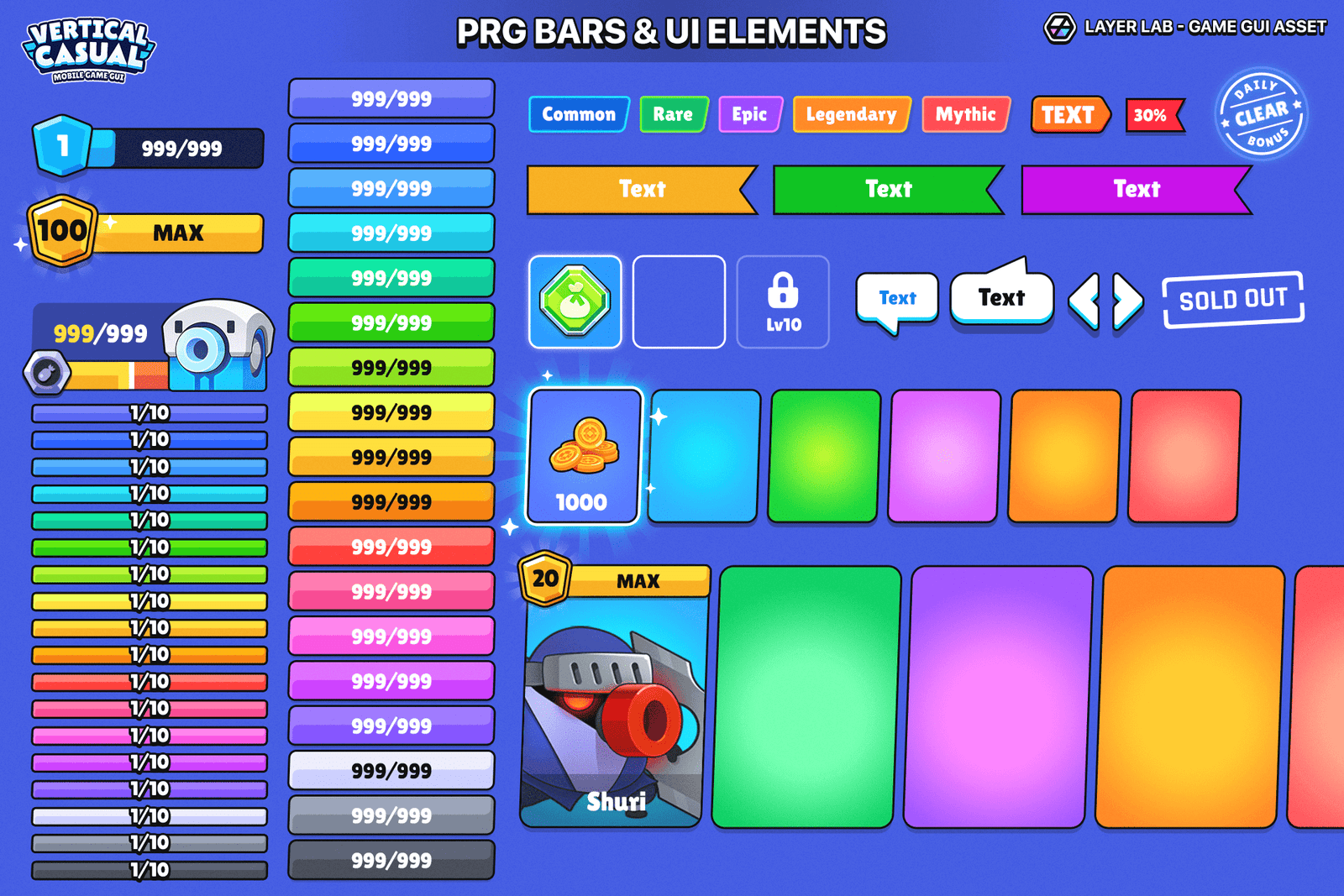 Vertical casual game interface GUI pack by LAYERLAB, includes PSD source files, optimized for mobile game design.