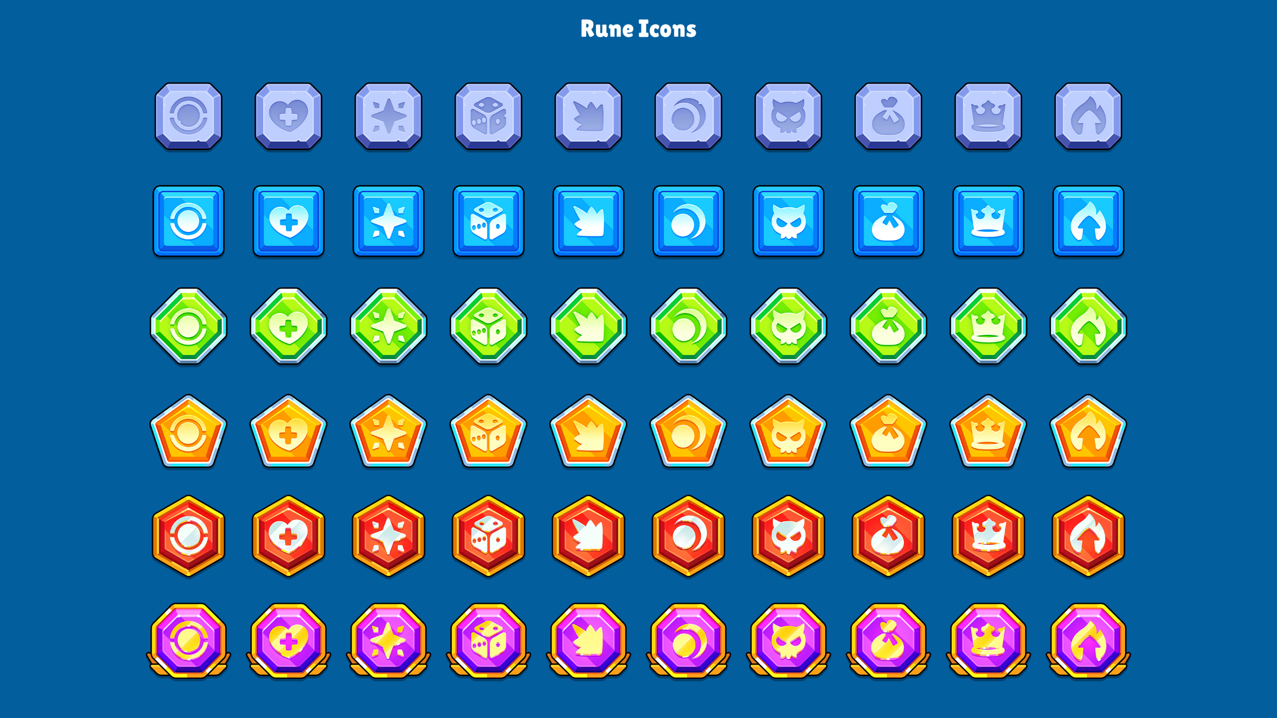 Colorful rune icons arranged in a grid, featuring various shapes and symbols for a casual game GUI kit.