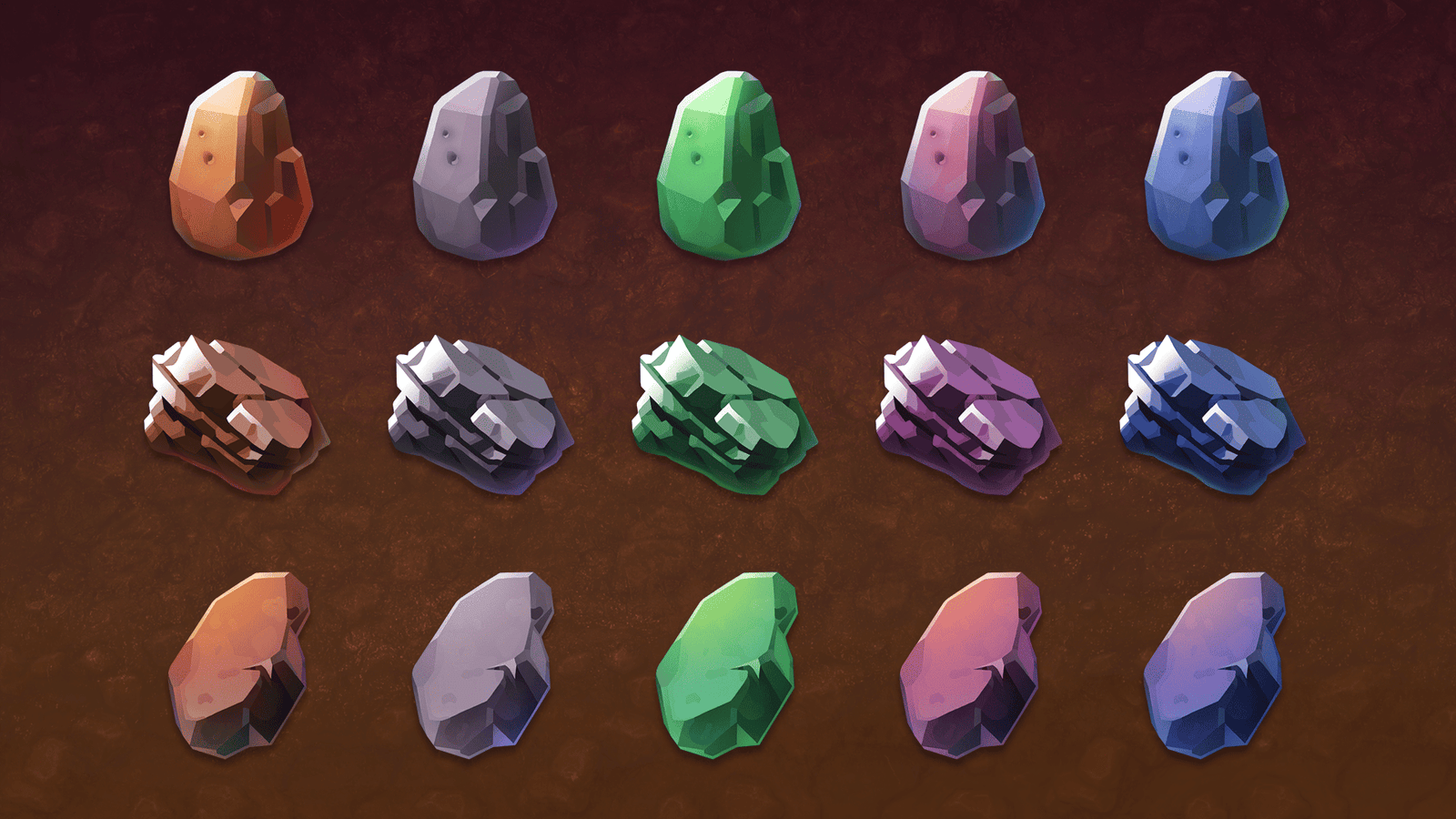 2D fantasy ore icons set by LAYERLAB Shop, featuring colorful gemstone and mineral illustrations on a neutral background.