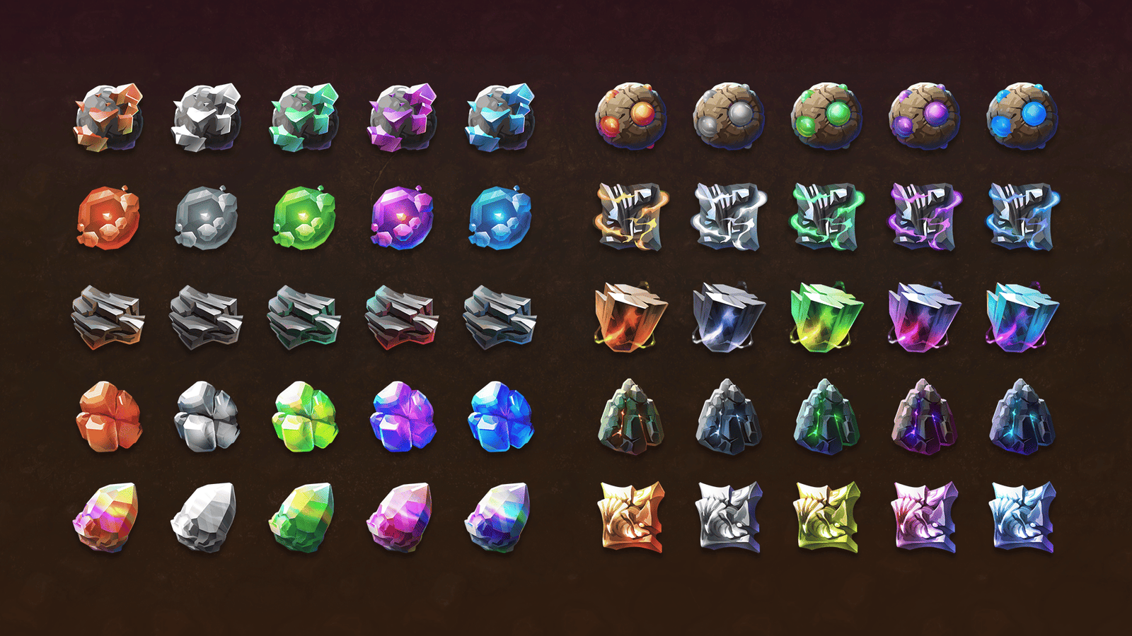 2D fantasy ore icons set showing various colorful mineral and gemstone images for fantasy-themed game design.