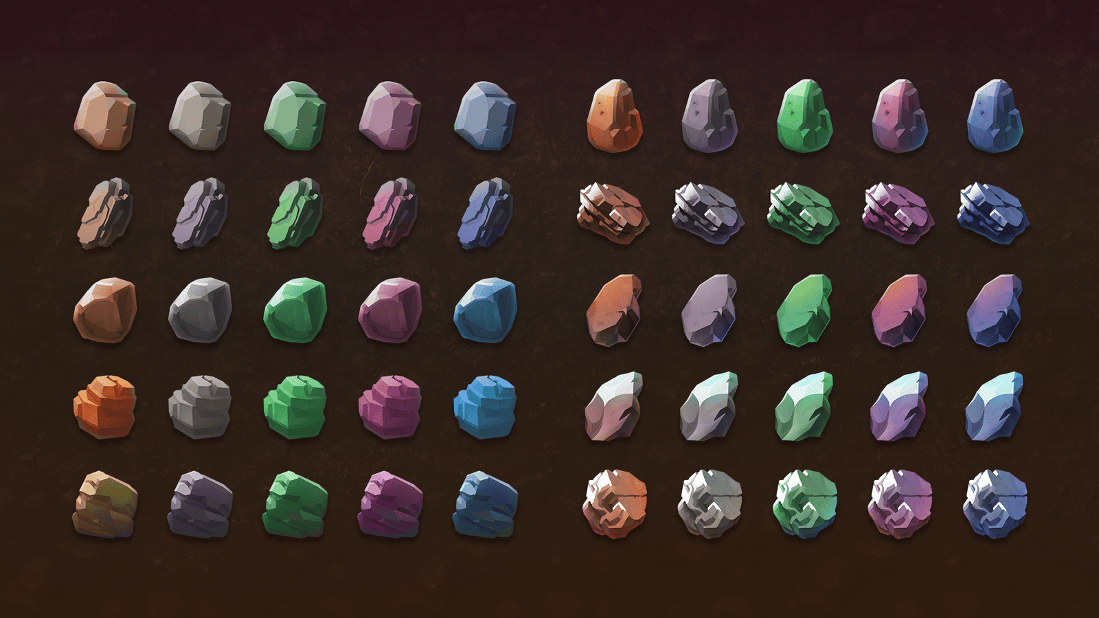 Fantasy ore icon set from LAYERLAB Shop, featuring colorful 2D icons of various fantasy-style mineral and ore items.