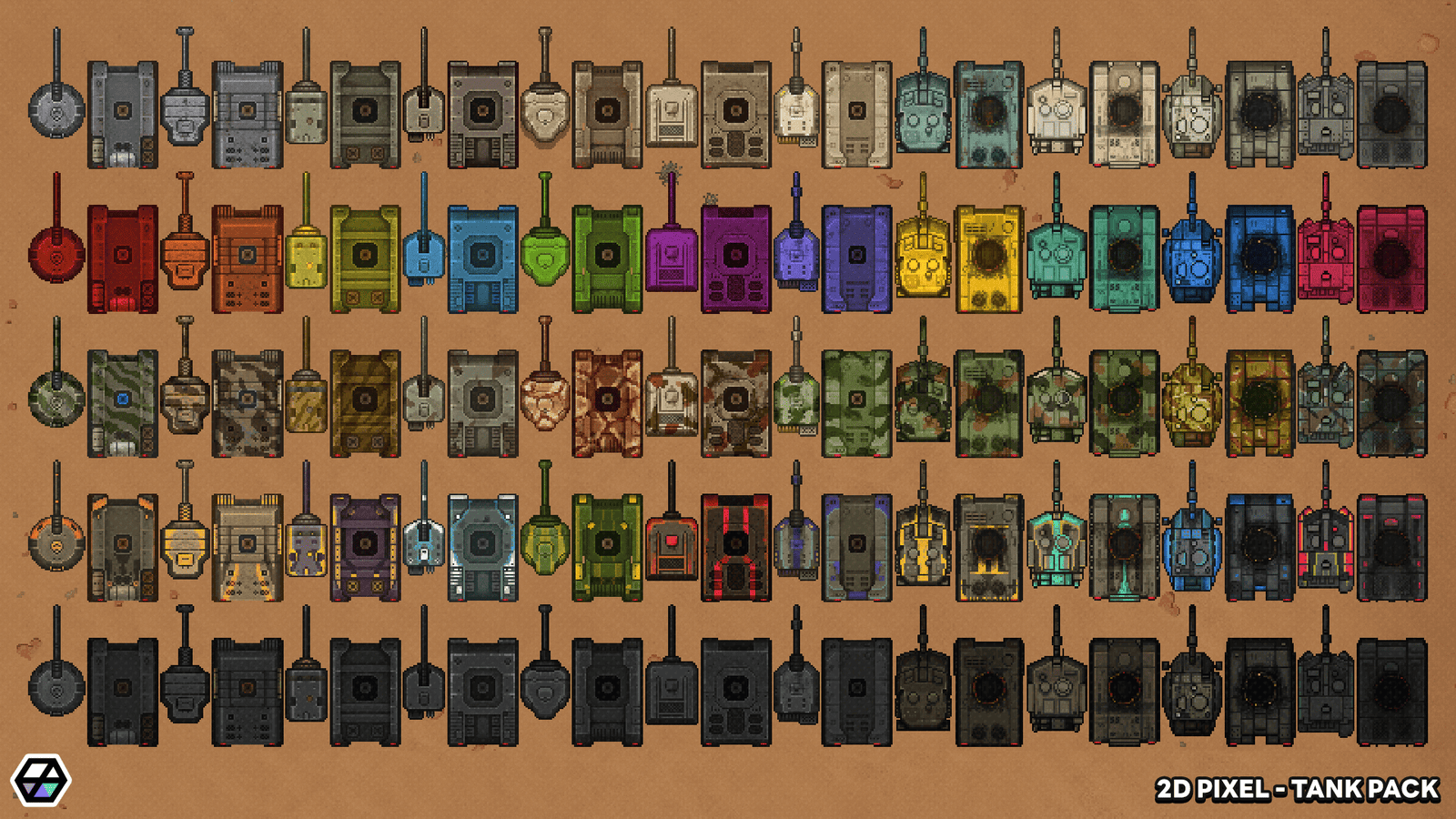 2D pixel tank sprites – multiple tank designs and color variations for war games