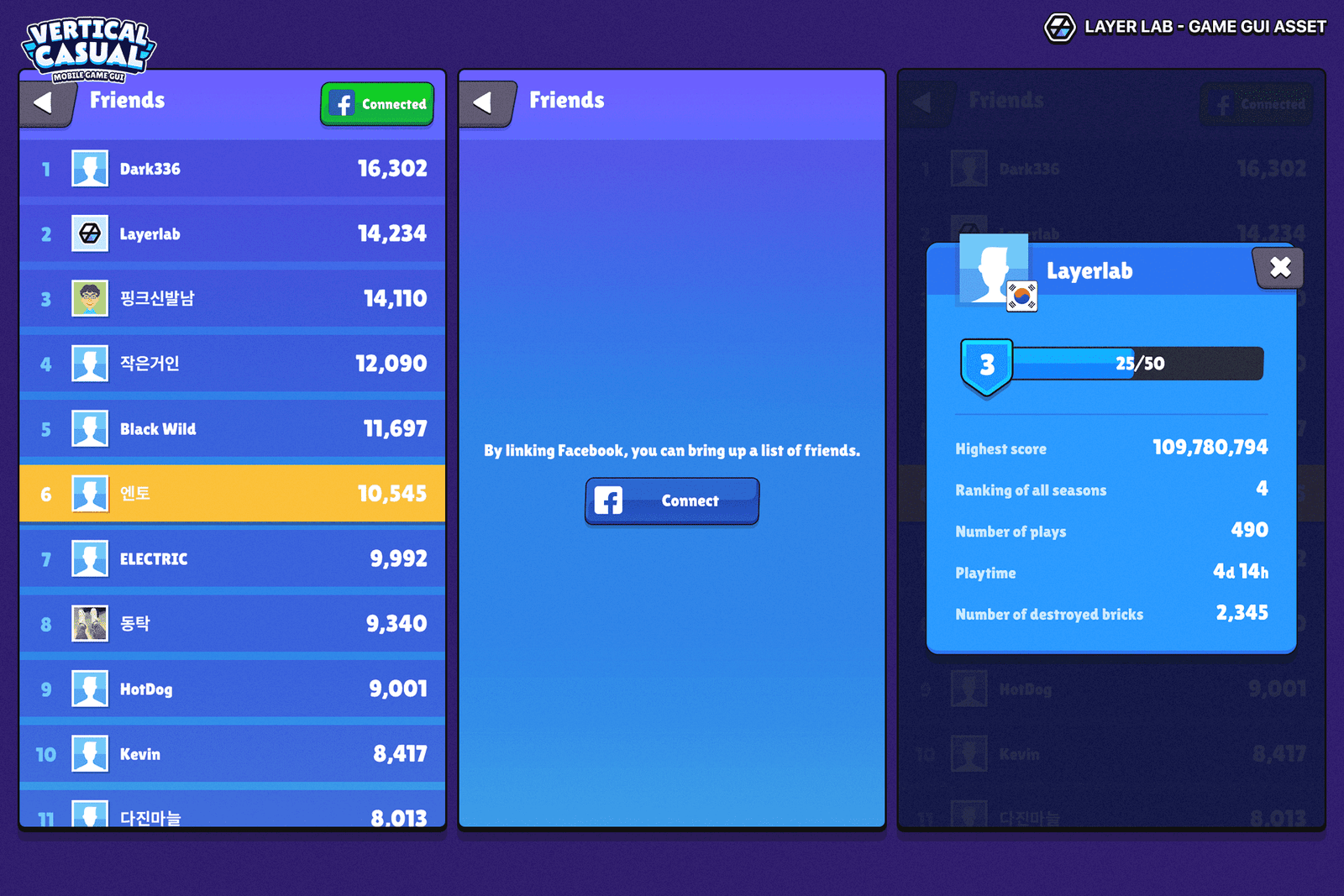 Vertical casual GUI interface by LAYERLAB for mobile game development, featuring organized UI elements for portrait casual games.