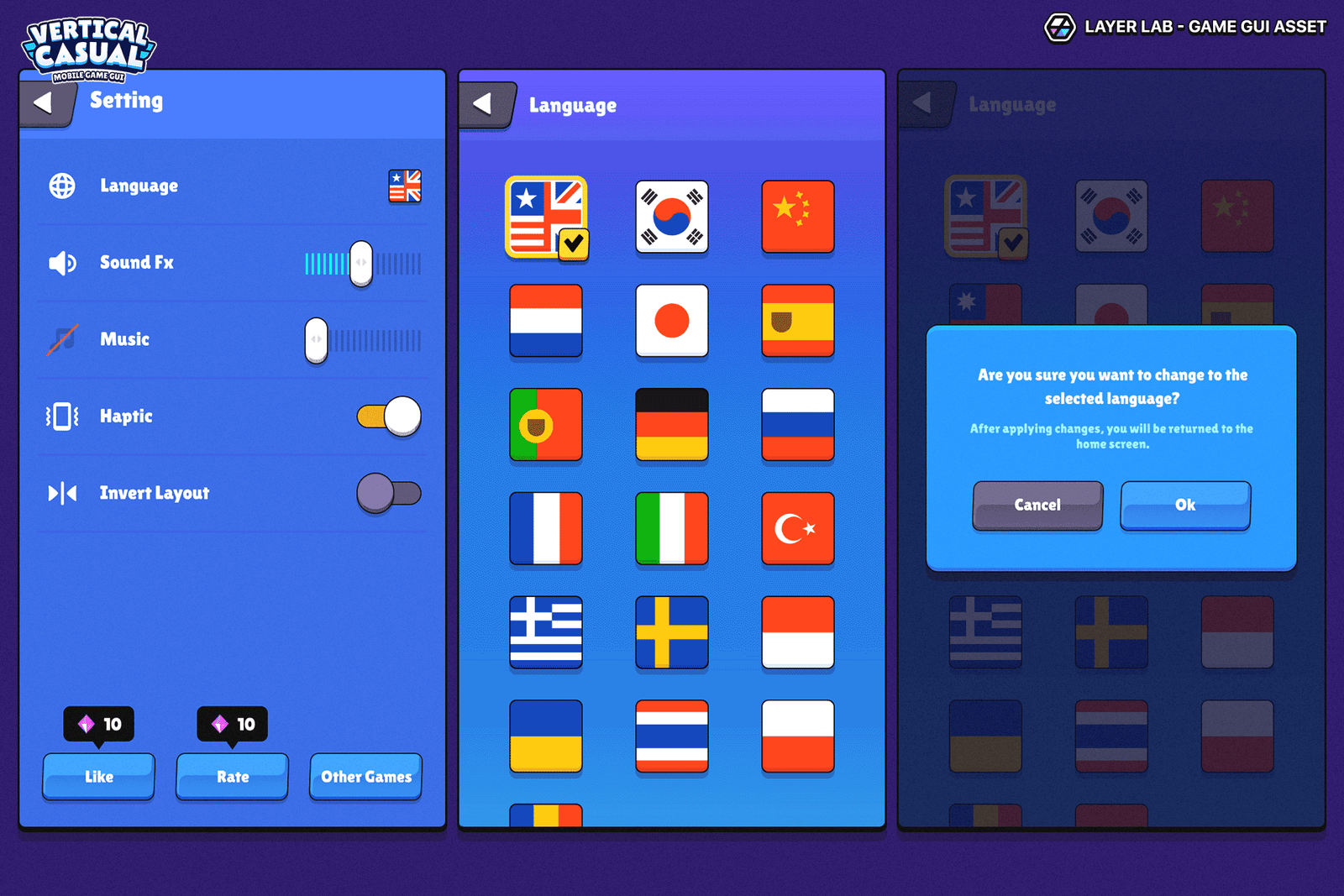 Vertical casual game interface GUI pack by LAYERLAB, featuring stylish mobile interface elements for smooth portrait gameplay.
