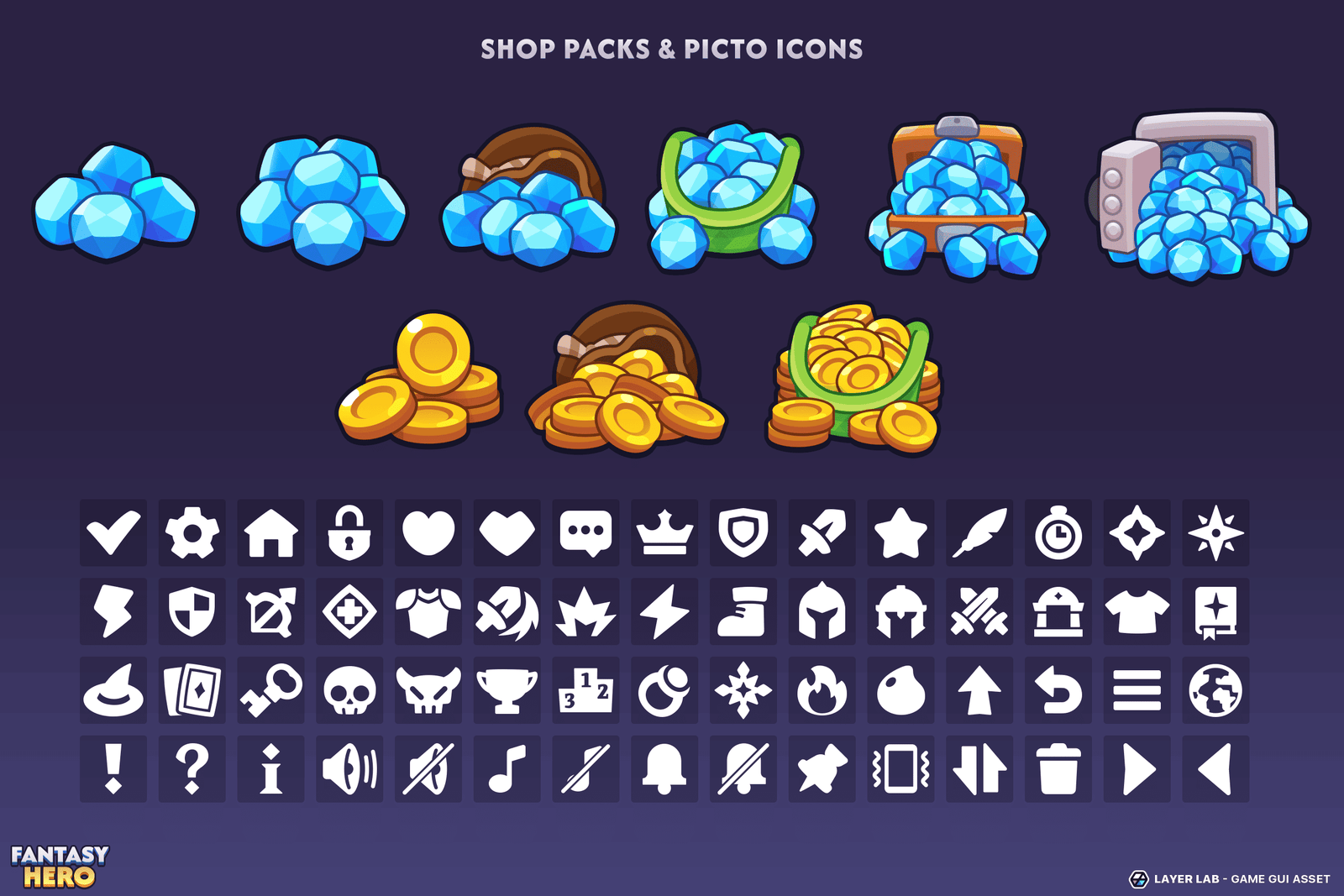 GUI Pro Fantasy Hero interface by LAYERLAB Shop showing colorful, detailed fantasy-themed buttons and icons for gaming or creative projects.