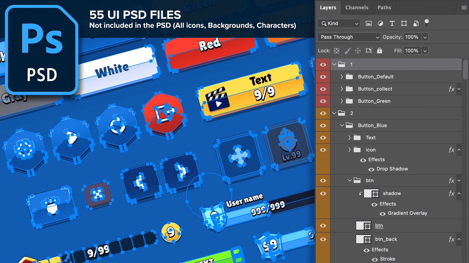 GUI Pro casual game interface design in PSD file, featuring modern UI elements for a mobile or web game.