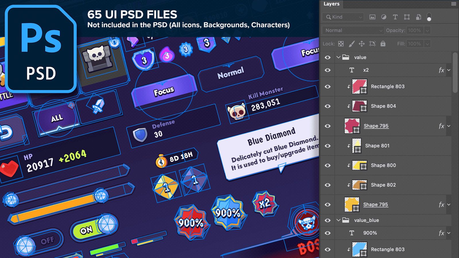Fantasy hero interface design file for GUI Pro by LAYERLAB Shop, featuring detailed fantasy character artwork and interface elements.