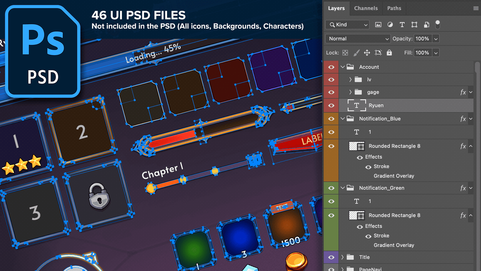Photoshop editable PSD file showing layered UI design for Fantasy RPG game interface with buttons, frames, progress bar, and effects in layer panel, Layerlab, store.layerlab