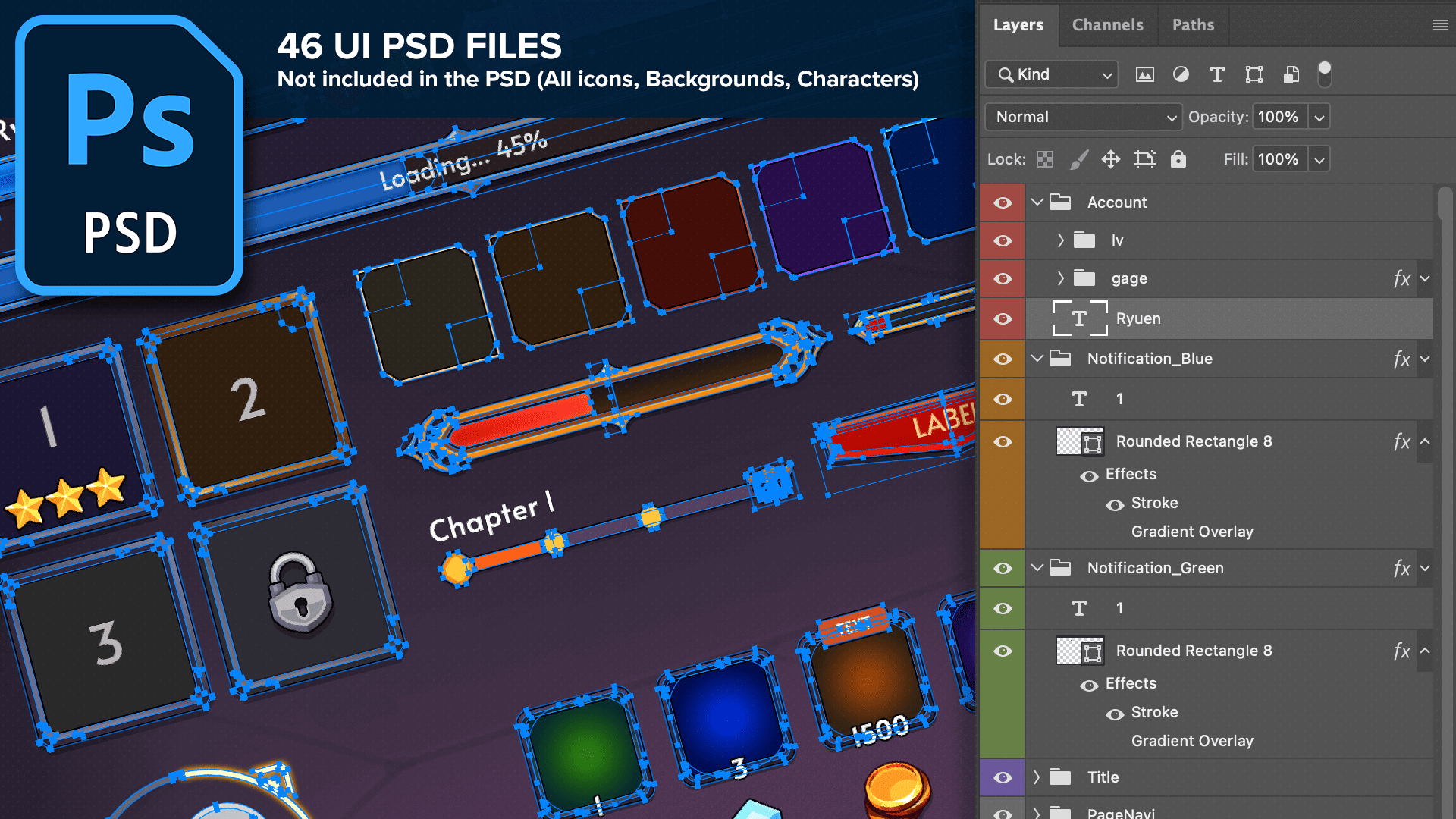 Photoshop editable PSD file showing layered UI design for Fantasy RPG game interface with buttons, frames, progress bar, and effects in layer panel, Layerlab, store.layerlab