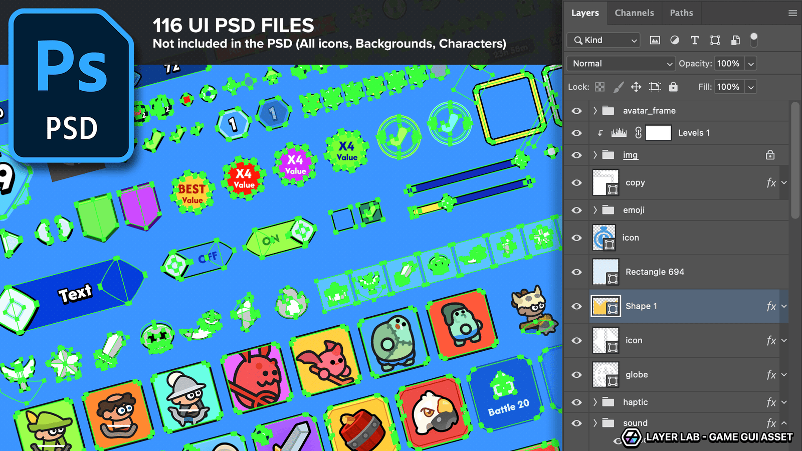 Minimal blue game interface design for GUI Pro by LAYERLAB Shop, shown in a preview image with PSD file details.