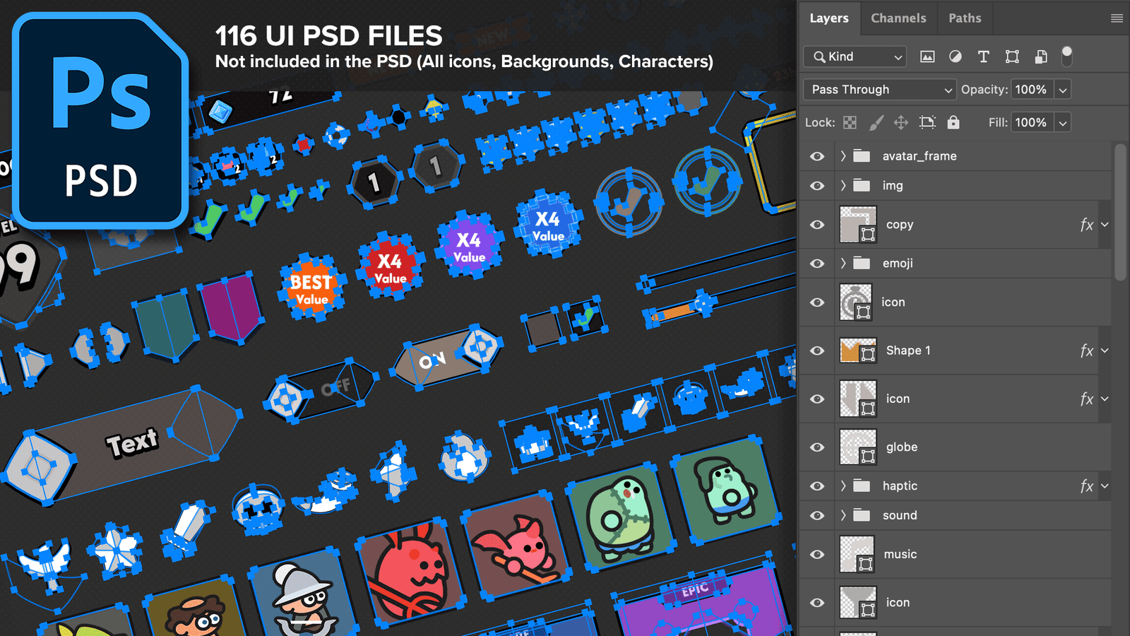 Minimal dark game interface design in GUI Pro by LAYERLAB Shop, showing a sleek, modern UI layout with PSD file preview.