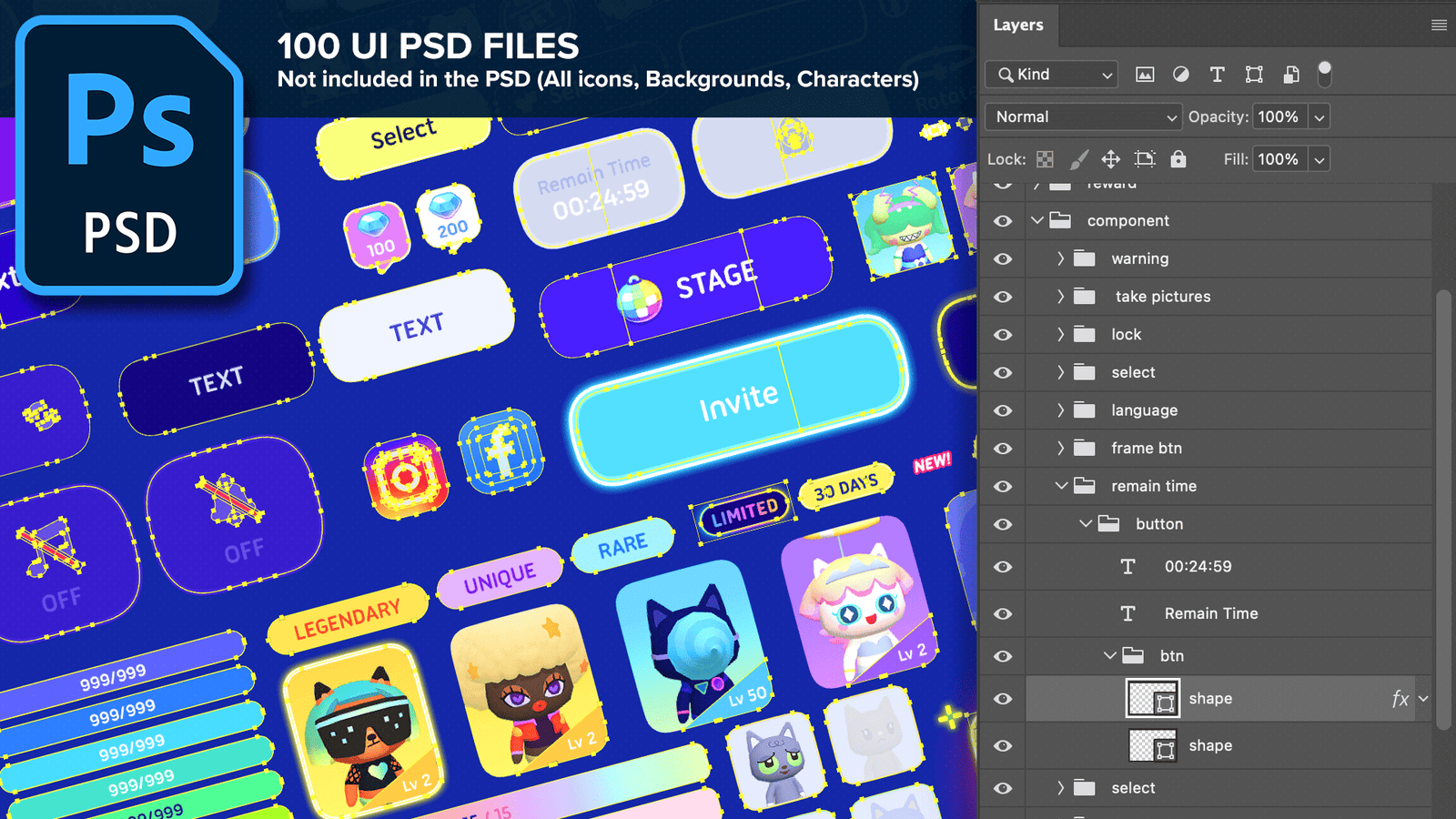 GUI Neon2 PSD file preview by LAYERLAB (LayerLab, layerlab) – layered Photoshop source showing editable UI components, buttons, and layouts from the neon-style game interface pack. Available on LayerStore.