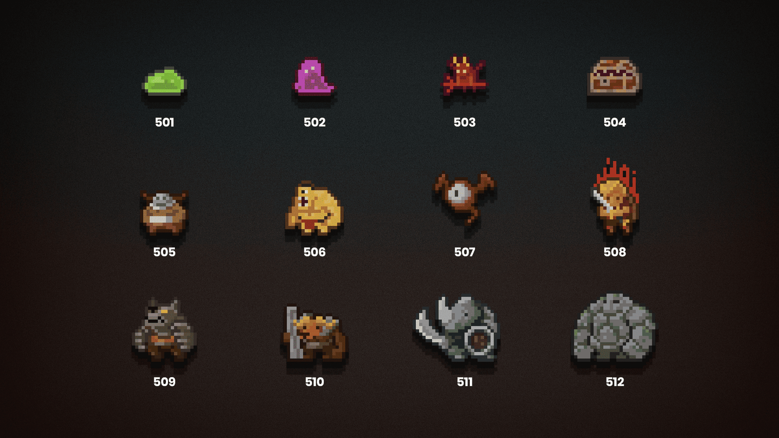 2D pixel RPG monsters icon featuring various character designs, suitable for game development or digital art projects.