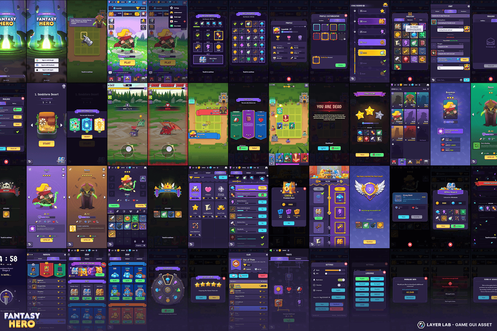 Fantasy Hero GUI Pro interface design from LAYERLAB Shop, featuring vibrant fantasy-themed UI elements and layered PSD files.