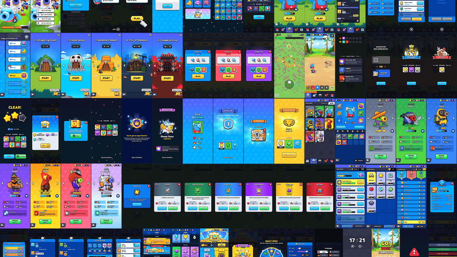 GUI Pro Super Casual interface by LAYERLAB Shop featuring modern UI elements and flat design in a vibrant color scheme.