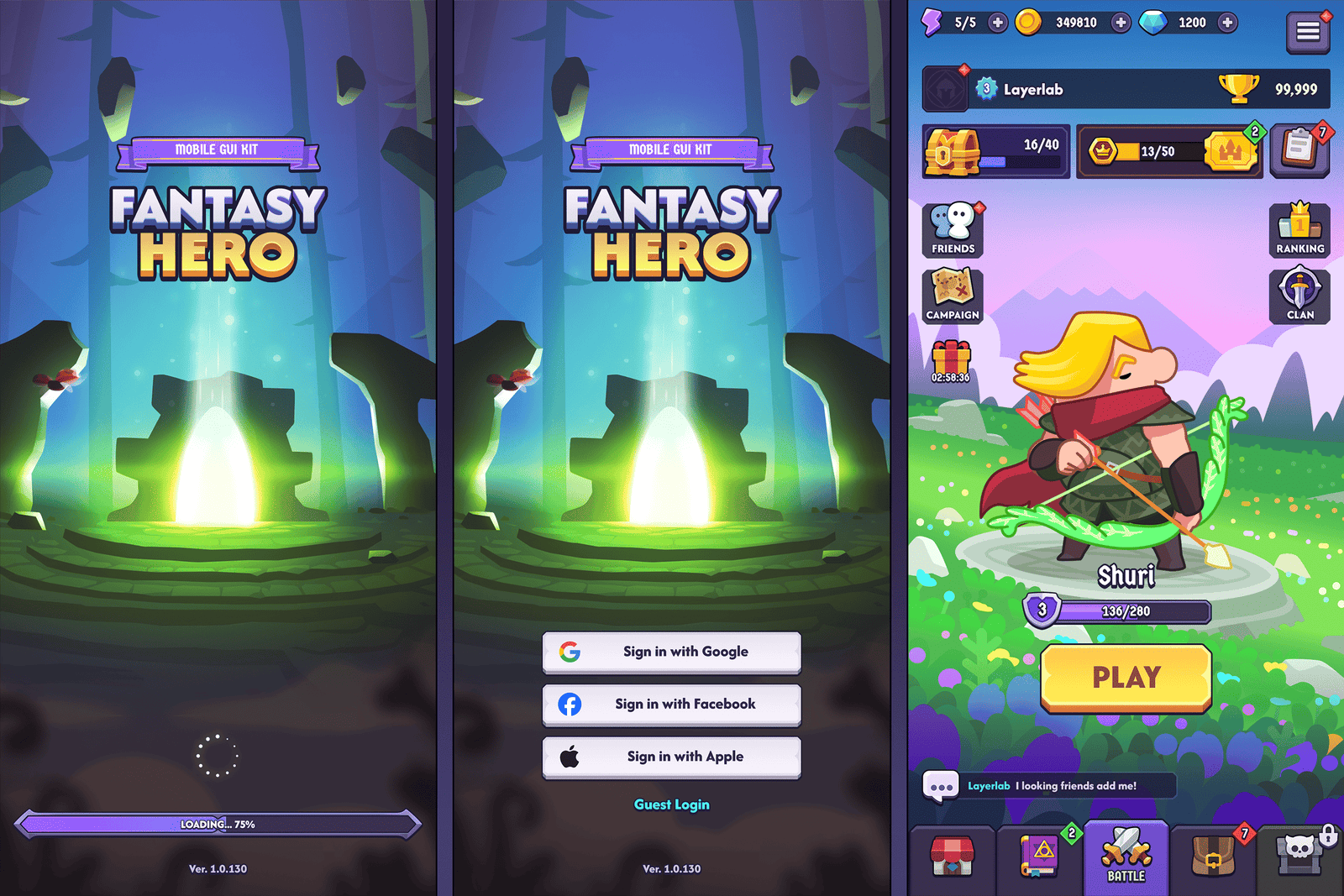 Fantasy hero-themed GUI interface by LAYERLAB Shop, featuring vibrant fantasy character artwork and detailed UI elements.