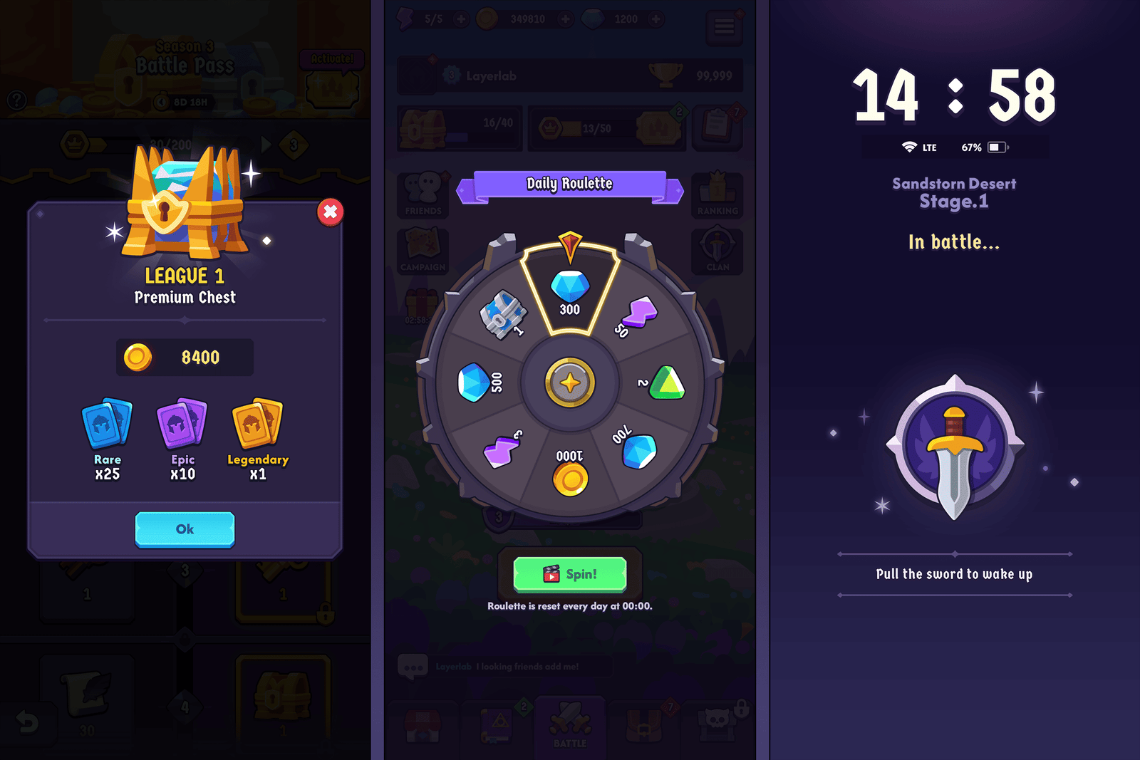 Fantasy hero interface design by LAYERLAB Shop for GUI Pro, featuring vibrant fantasy-themed UI elements and detailed artwork.