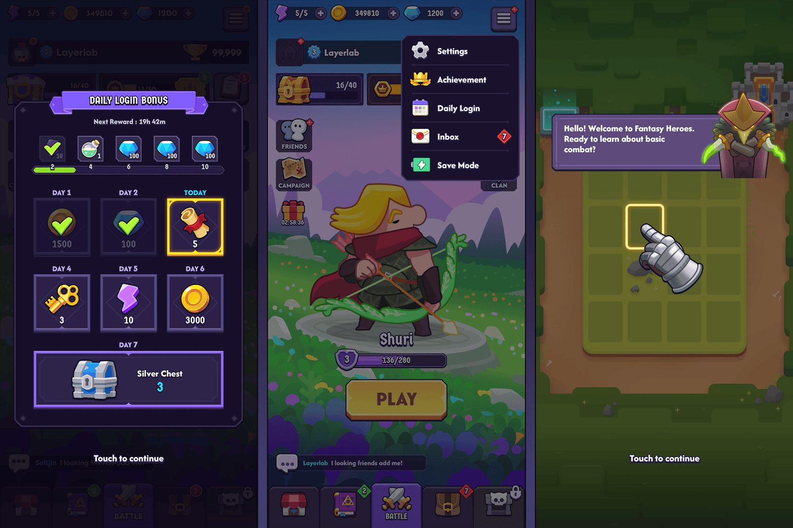 Fantasy hero interface from GUI Pro by LAYERLAB Shop, featuring detailed fantasy character artwork and vibrant UI elements.