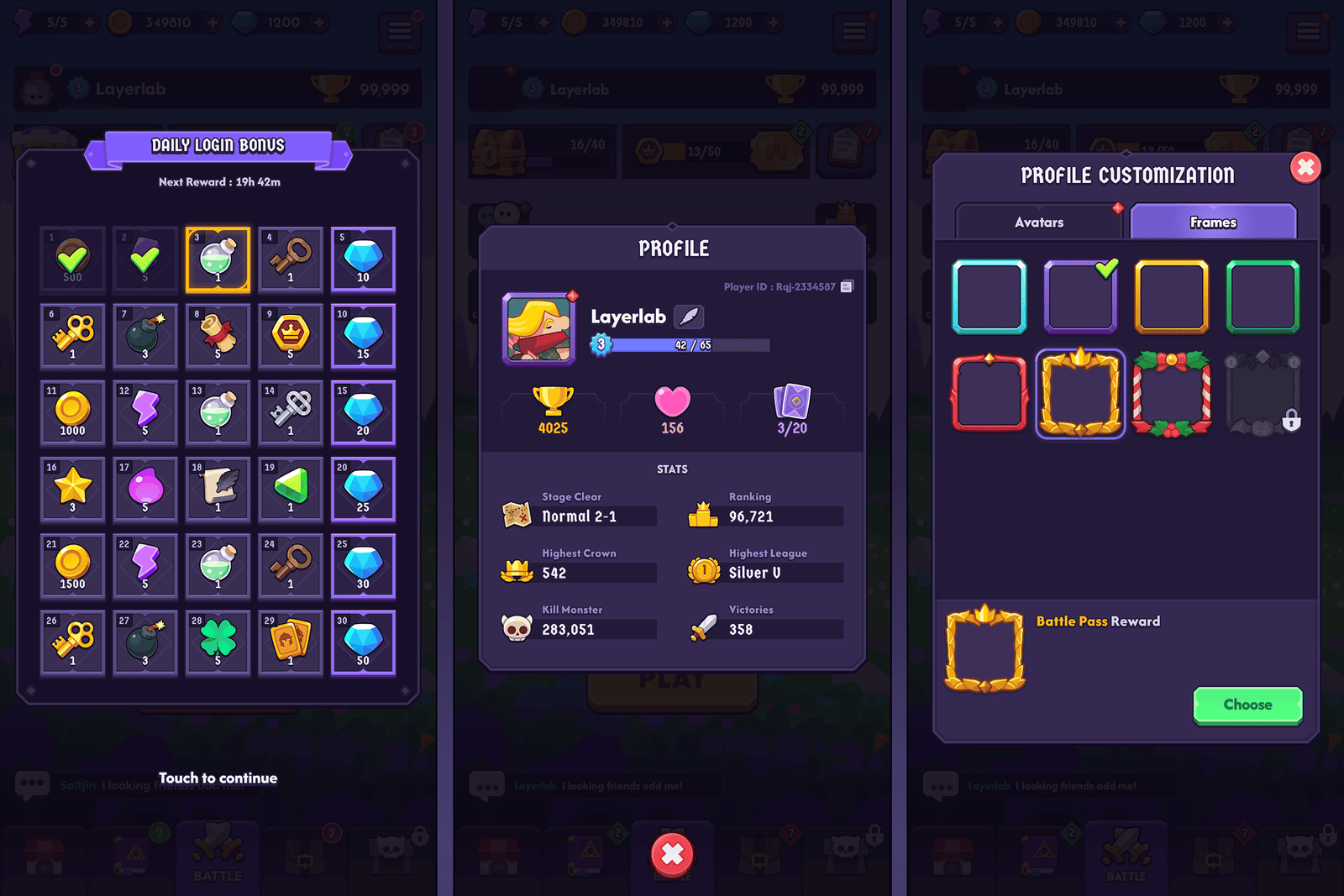 Fantasy hero interface design for GUI Pro by LAYERLAB Shop, featuring vibrant fantasy-themed UI elements and icons.