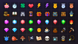 Fantasy RPG interface icons for GUI Pro by LAYERLAB Shop, featuring colorful character and menu symbols.
