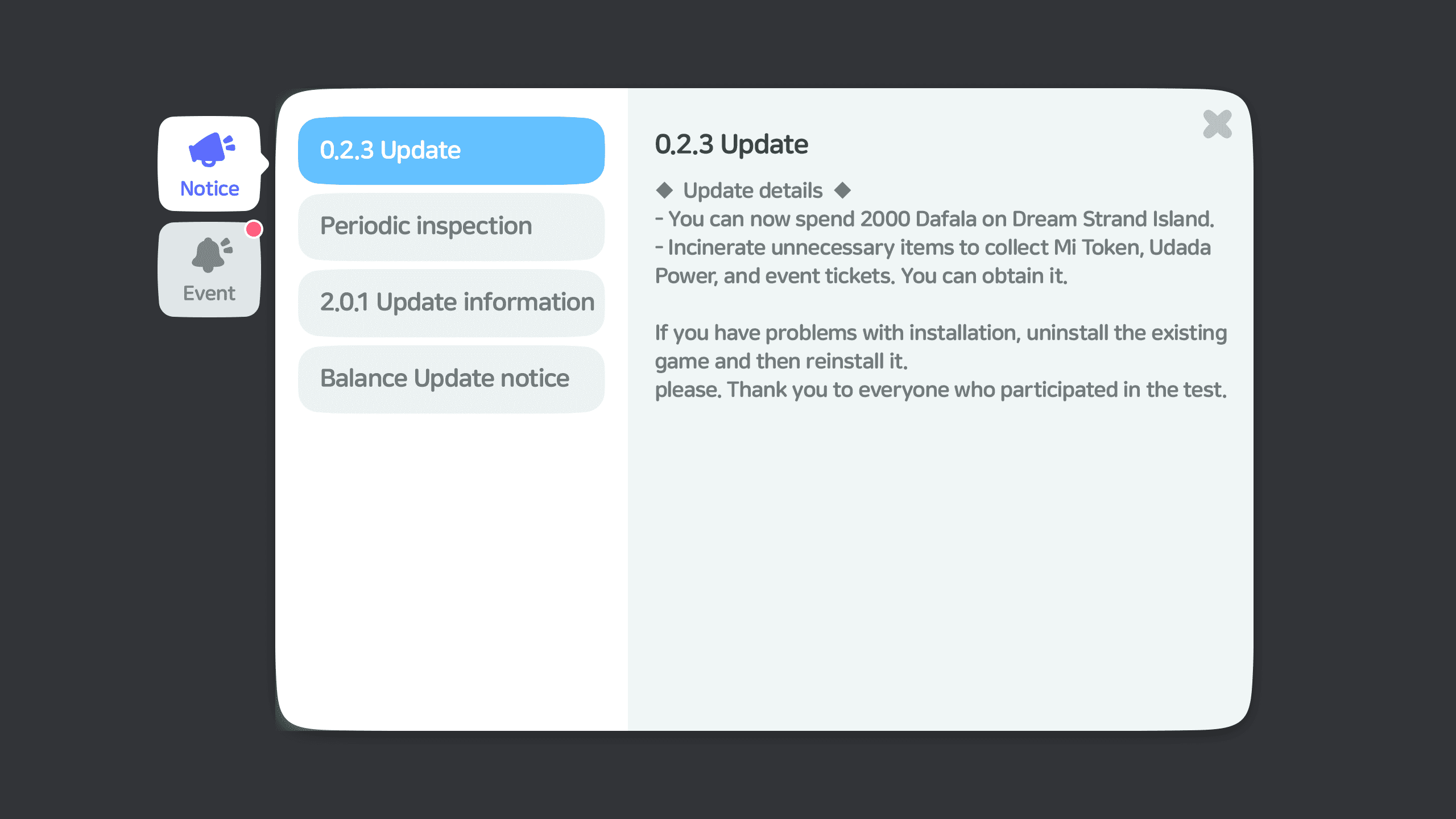 In-game notice window showing update and event tabs for a casual life simulation mobile game interface, Layerlab, store.layerlab