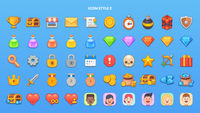 Set of 2D icons from LAYERLAB Shop, featuring colorful, flat design icons on a white background for digital projects.