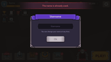 Fantasy RPG mobile game username popup UI with input field, name already used warning message, and confirmation button, Layerlab, store.layerlab