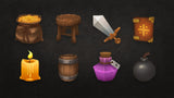 3D RPG icons set by LAYERLAB Shop displayed on screen, featuring various fantasy-style symbols and game-related graphics.