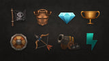 3D RPG icons set by LAYERLAB Shop featuring detailed fantasy-themed symbols on a dark background.