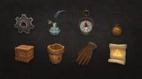 3D RPG icons from LAYERLAB Shop, showcasing a variety of detailed fantasy-themed game props and character symbols.