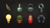 3D RPG icons set from LAYERLAB Shop featuring various fantasy-themed symbols displayed on a digital screen.