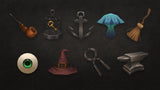 3D RPG icons set from LAYERLAB Shop showing various fantasy-themed symbols and emblems on a dark background.