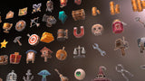 3D RPG icons from LAYERLAB Shop showing various fantasy-themed symbols and character emblems on a digital screen.