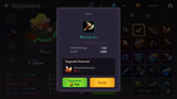 Fantasy RPG mobile game equipment detail popup UI showing Bronze Ax with attack and health stats, upgrade materials, and Upgrade or Equip buttons, Layerlab, store.layerlab